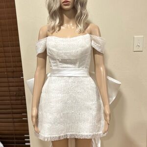 White Off The Shoulder Wedding Dress With A Short Front and Long Train
